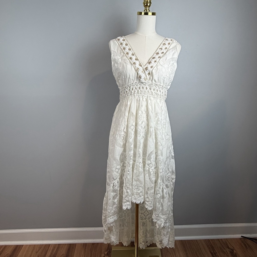Coton Frais White Lace High Low Dress Womens Small Sequin Boho Crochet NWT Italy